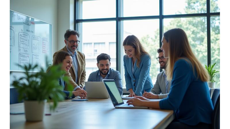 A diverse team collaborating in a modern office, symbolizing innovation and growth.